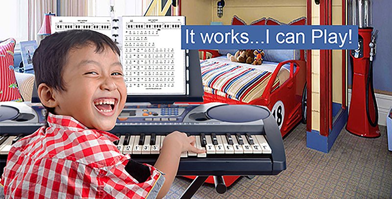 A smiling boy playing a keyboard with numbered key stickers and Numbered Notes sheet music