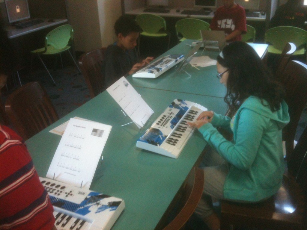 Kids playing numbered keyboards